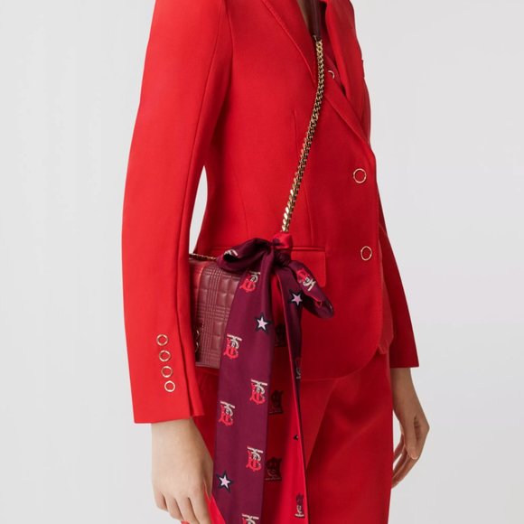 NEW  Authentic Burberry Red Logo Silk Skinny Two Tone scarf Head scarf bag Wrap - Picture 6 of 10